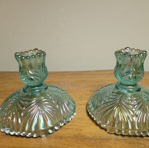 Fenton Blue Iridescent Candleholders w/tags